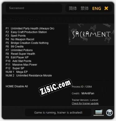 Трейнер для Sacrament [v1.0.5]